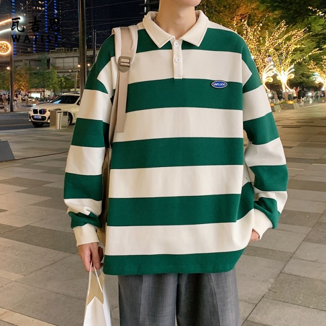 12523067.卫衣男士春秋季港风潮牌条纹拼色宽松休闲长袖上衣帅气POLO衫