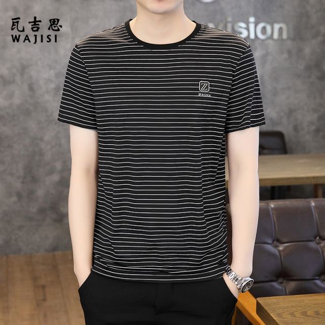 12521418.冰丝条纹短袖t恤男夏季薄款超薄透气体恤青年圆领上衣青年打底衫