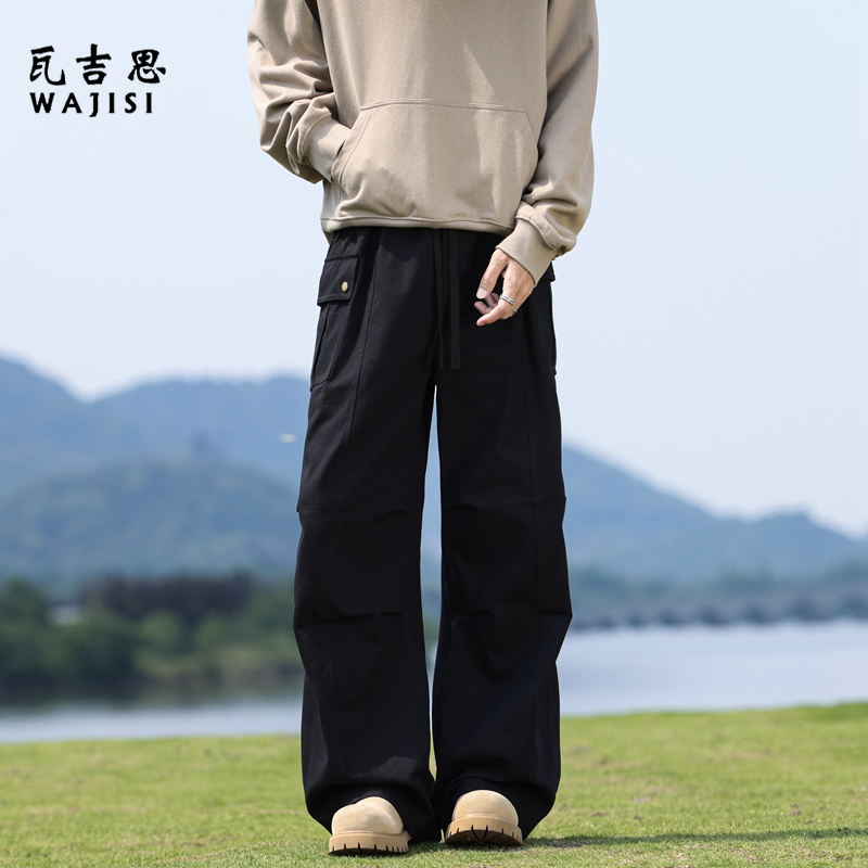 12522240.秋季新款美式纯棉休闲裤男潮牌纯色简约高级拖地裤户外宽松运动裤子