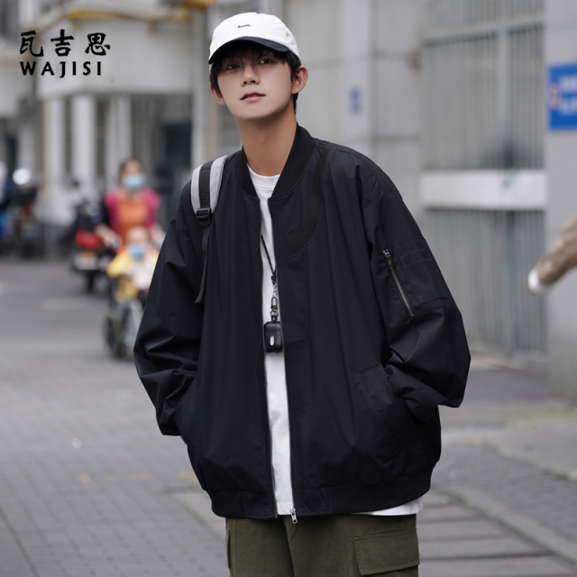 12522835.秋季新款纯色棒球领夹克工装男士外套百搭宽松简约休闲男士上衣