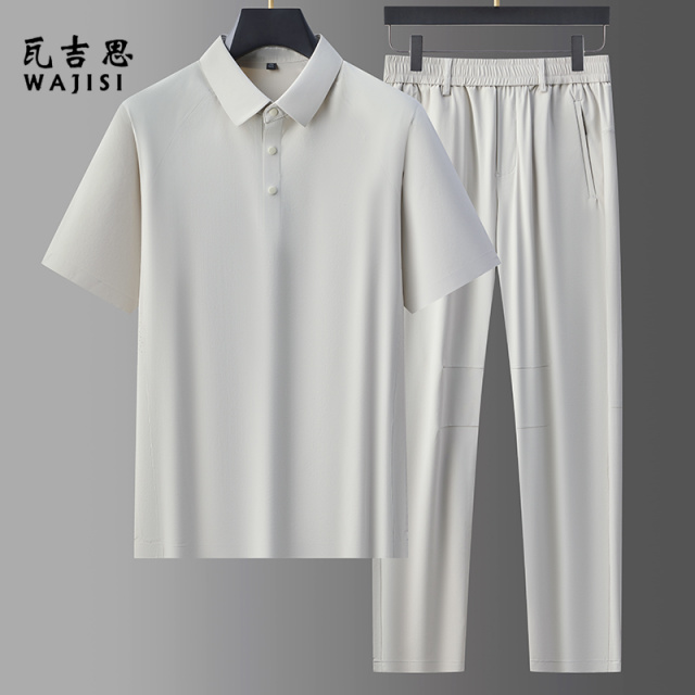 12522474.夏季新款中年爸爸装短袖T恤两件套高端冰丝休闲运动男士套装