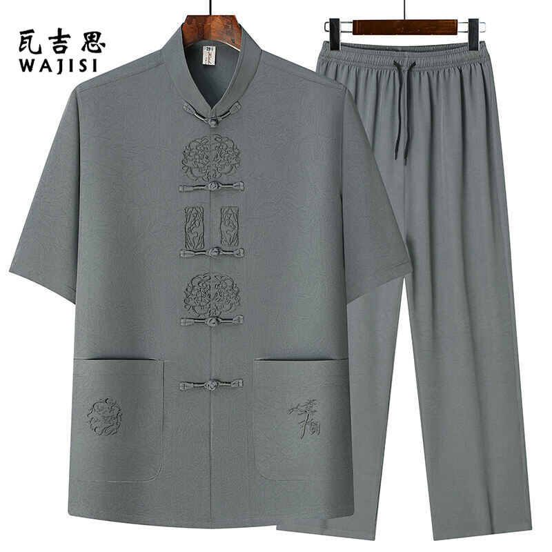 12526785.唐装男短袖套装夏季新款中国风棉麻中老年爸爸装爷爷衣服