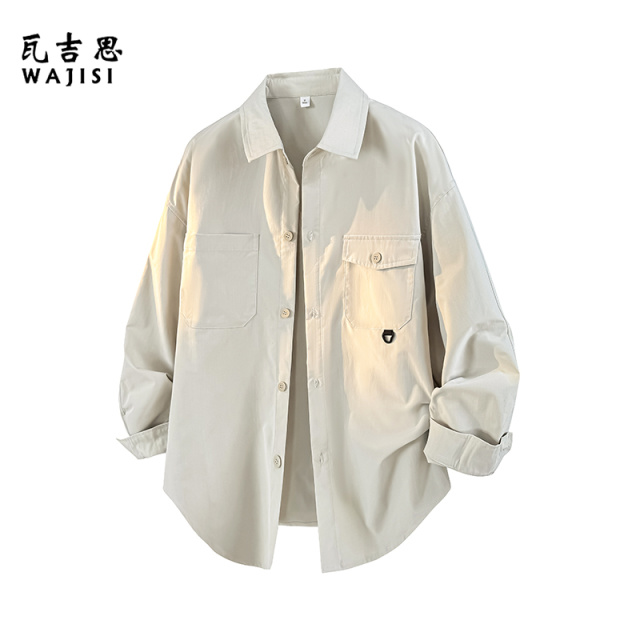 12527315.春秋长袖衬衫男宽松翻领学院风青年学生开衫百搭休闲港风衬衣外套