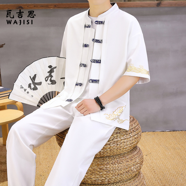12526051.唐装男士夏季中国风套装新中式休闲宽松开衫立领外套汉服冰丝套装