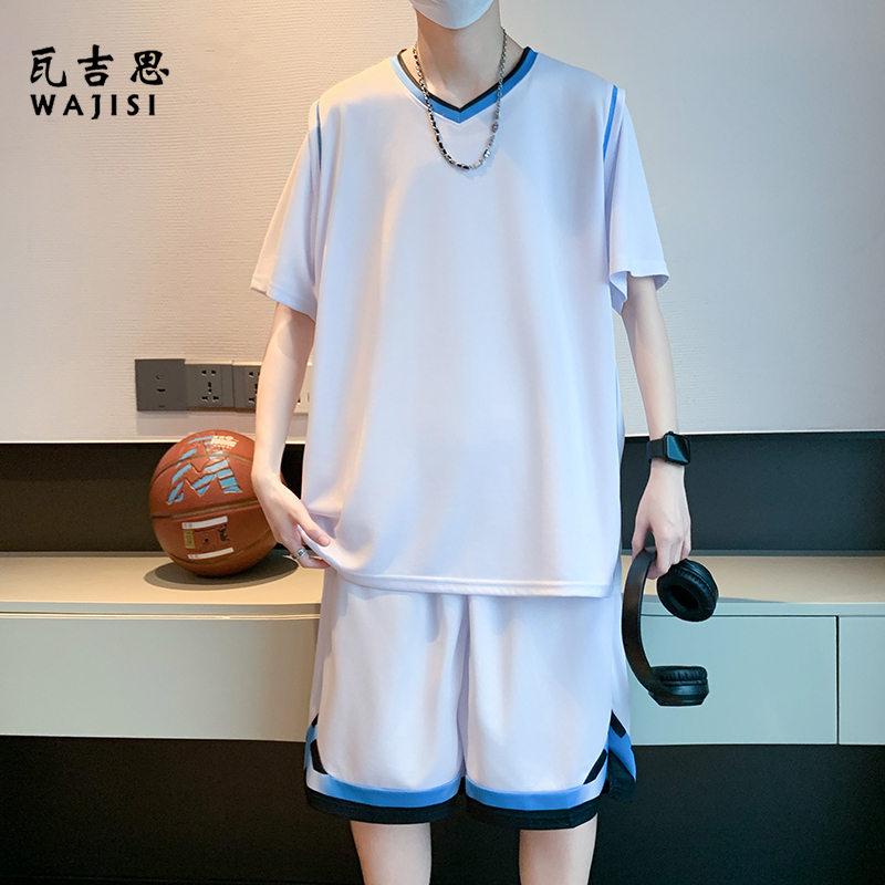 12523065.假两件篮球服套装男款夏季冰丝速干休闲短袖短裤大码宽松球服