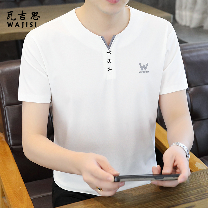 12521445.v领短袖t恤男士夏季休闲冰丝体恤假两件青年新款半袖衣服