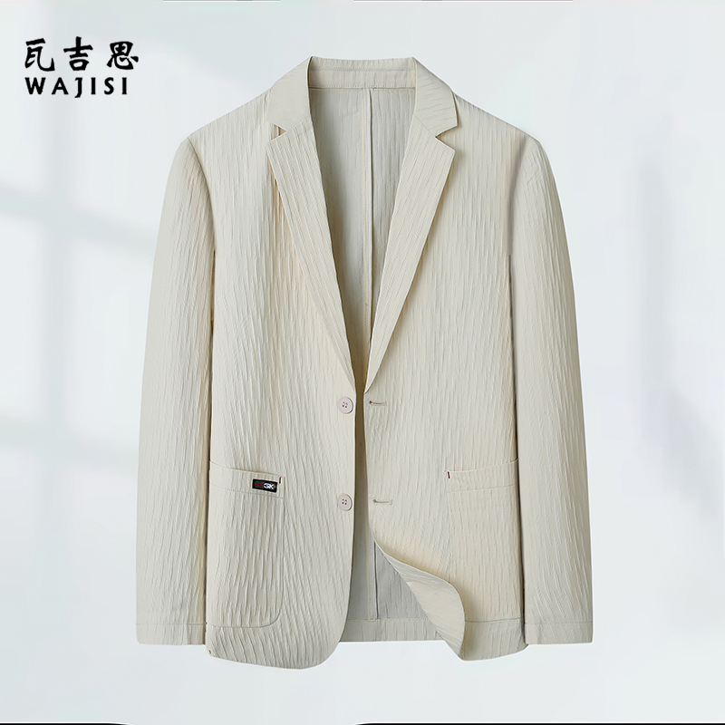 12521390.浅蓝单西装轻薄外套条纹西服男士上衣潮夏款薄款商务休闲防晒西服