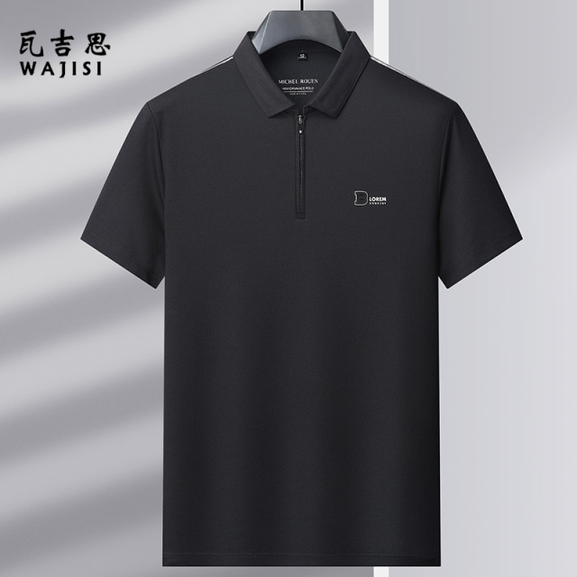 12522685.半拉链棉Polo衫男士夏季新款商务翻领上衣休闲短袖t恤打底衫