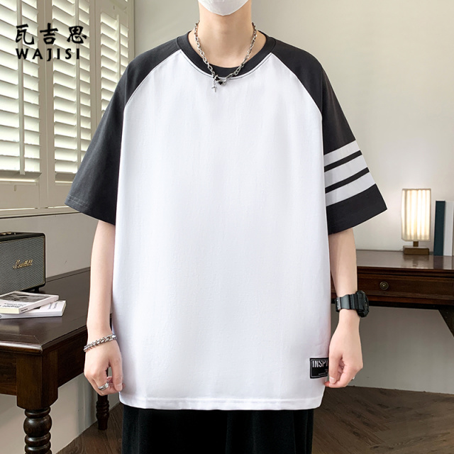 12525182.条纹拼接短袖t恤男夏季冰丝凉感半袖男宽松上衣青少年圆领体恤衫T