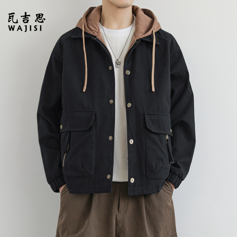 12522873.秋季新款日常休闲百搭外套男士潮流帅气连帽假两件纯棉舒适男士夹克