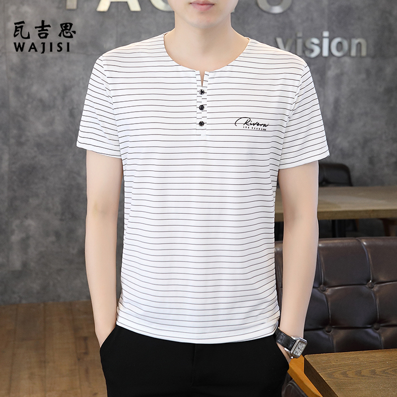 12521413.夏季新款V领短袖t恤男个性潮牌修身百搭圆领打底衫半袖体恤衫