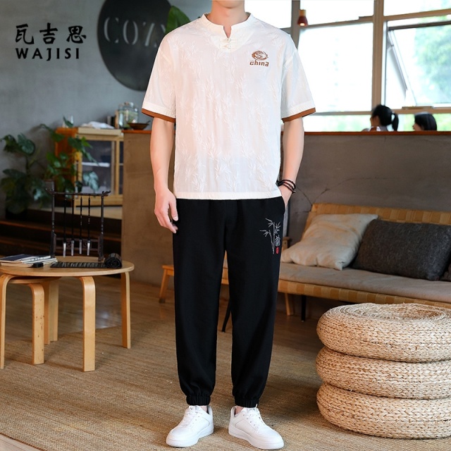 12527457.男士T恤短袖套装休闲夏季中国风男装薄款半袖中式V立领两件套