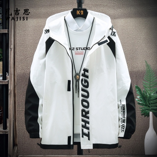 12524198.休闲夹克男士春秋新款潮流运动连帽工装外套日系宽松拼色港风上衣