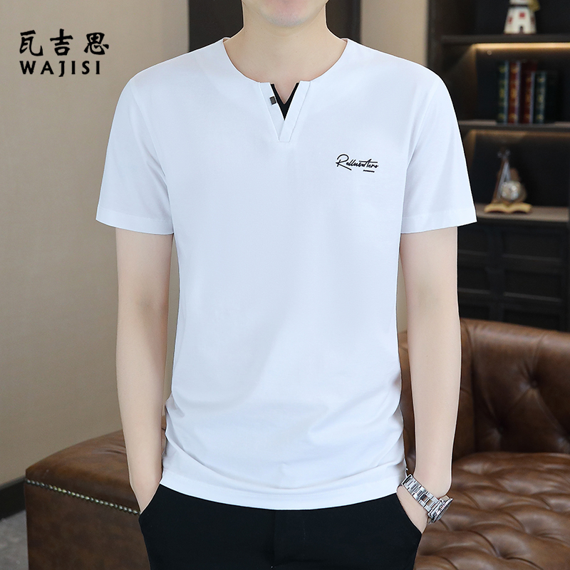 12525189.假两件V领男士夏季短袖T恤潮流体恤薄款半袖休闲青年男装新款