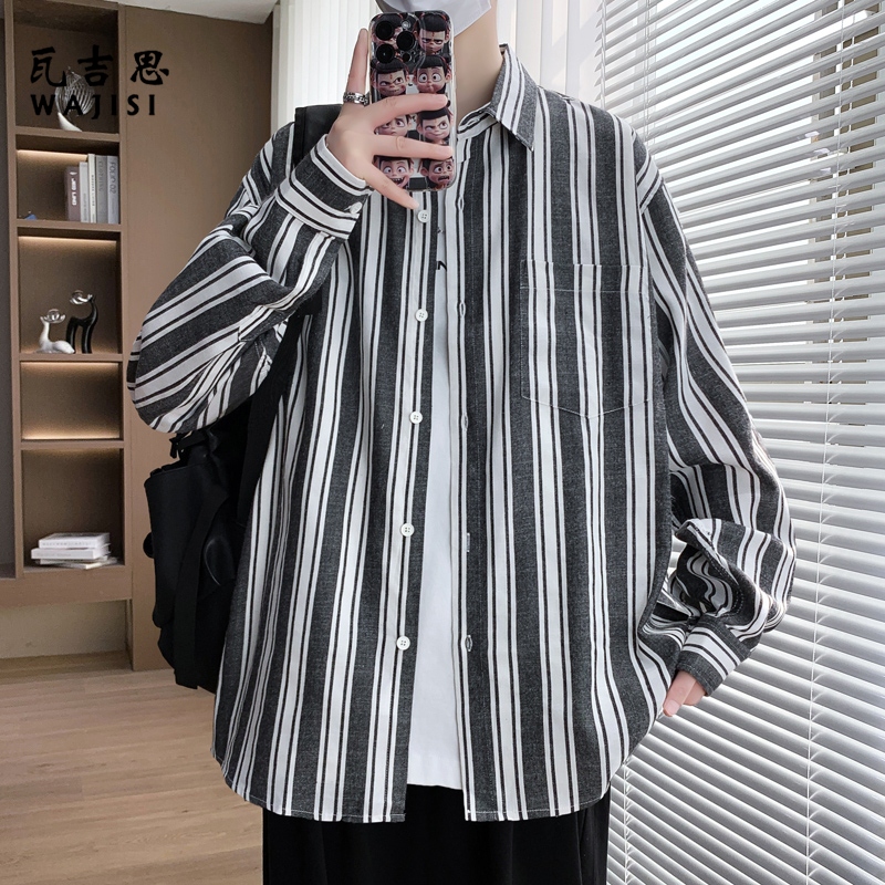 12524940.新款日系复古棉麻色织条纹长袖衬衫春秋季男士时尚休闲衬衣潮