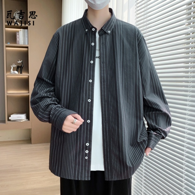 12524967.春秋季男士条纹衬衣纯棉休闲宽松青年上衣男装长袖衬衫外套