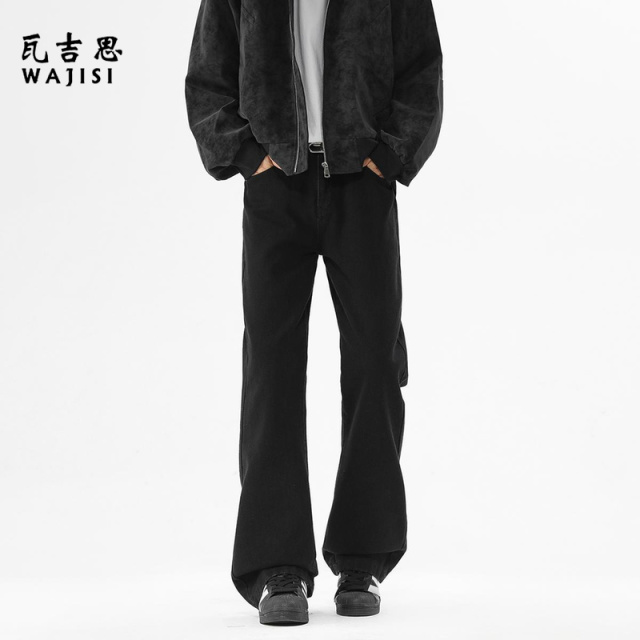 12527178.秋季新款微喇水洗拖地牛仔裤四季纯色复古港风宽松直筒休闲百搭长裤