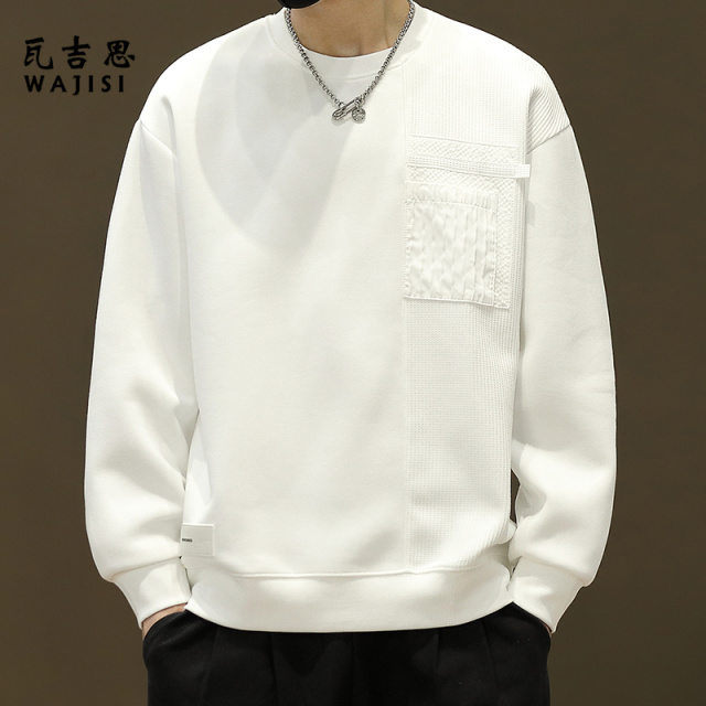 12522030.圆领男士卫衣拼接胸前口袋秋季新款男装秋装长袖t恤打底衫
