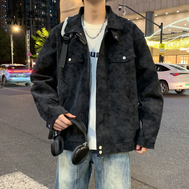 12522866.秋季新款男士宽松立领夹克复古机车风外套潮流帅气百搭男士上衣