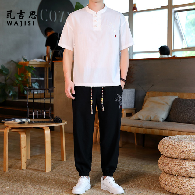 12527455.短袖T恤男士夏季半袖中国风休闲两件套装刺绣薄款舒适新衣服棉麻