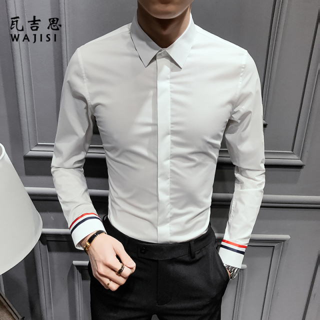 12524767.男士春秋季休闲翻领长袖衬衫男装商务休闲袖子肩章寸上衣
