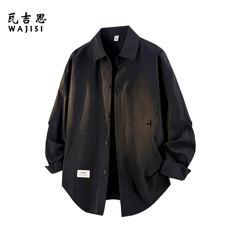 12527316.阔版宽松春秋季新款衬衫帅气男士学院风休闲长袖工装设计感衬衣
