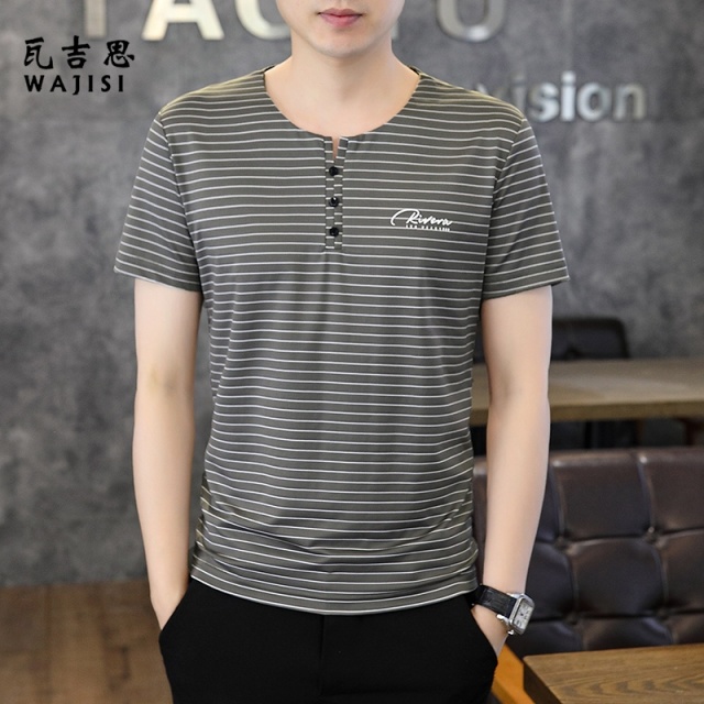 12521413.夏季新款V领短袖t恤男个性潮牌修身百搭圆领打底衫半袖体恤衫