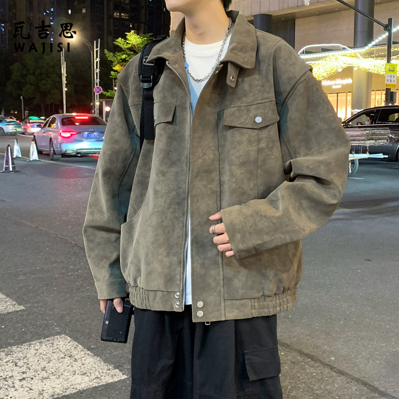 12522866.秋季新款男士宽松立领夹克复古机车风外套潮流帅气百搭男士上衣