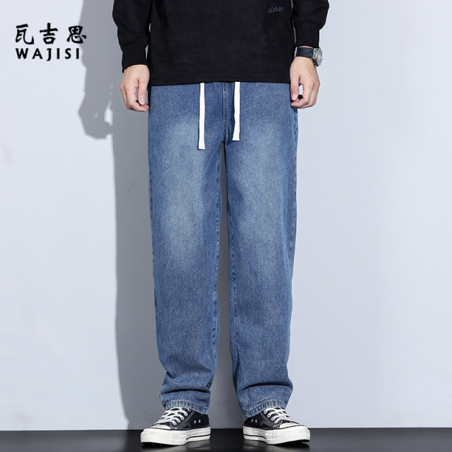 12525866.夏季薄款牛仔裤男高街潮流时尚宽松直筒松紧裤美式休闲阔腿长裤子