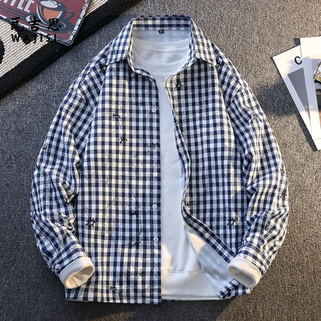 12524744.格子衬衫男长袖春秋款潮流百搭上衣服美式衬衣青少年宽松休闲外套