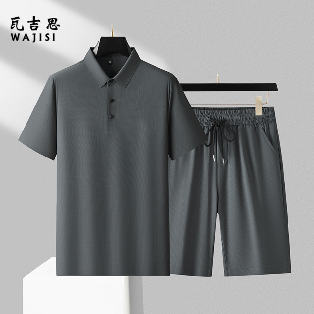 12524561.夏季休闲套装男士翻领冰丝Polo衫短袖短裤两件套宽松弹力运动