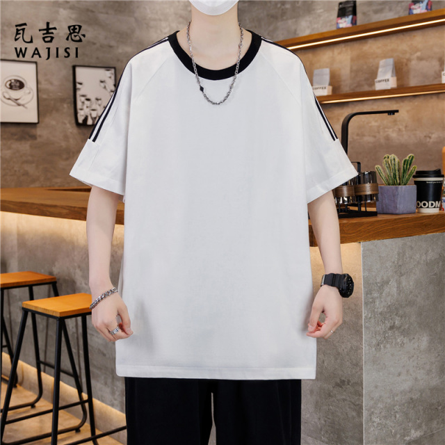 12524004.男款T240克纯棉阔版落肩袖短袖T恤情侣款袖子两条杠短袖