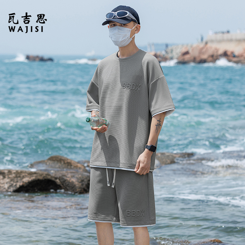12526569.华夫格男士套装夏季休闲痞帅短袖t恤潮牌宽松运动短裤一套搭衣服