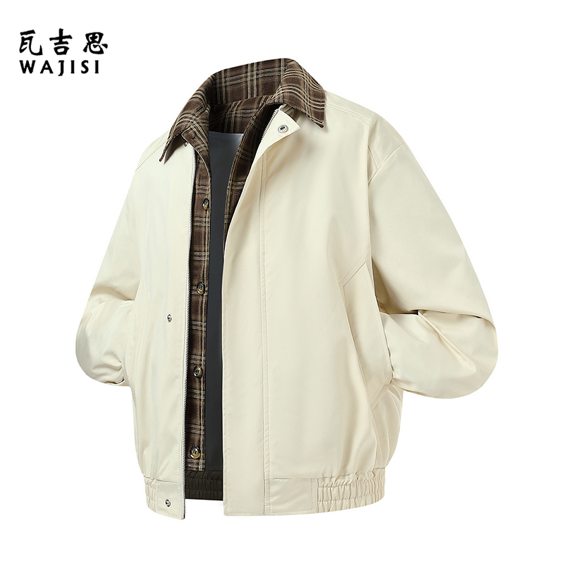 12525900.春季美式短款格子假两件翻领夹克男宽松休闲时尚百搭潮流外套