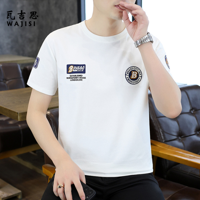12521433.爆品机车风青年帅气机车贴布刺绣圆领短袖夏季新品潮流短T