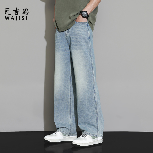 12521525.男士春季新款牛仔裤宽松美式休闲直筒百搭水洗高街显瘦春秋阔腿裤