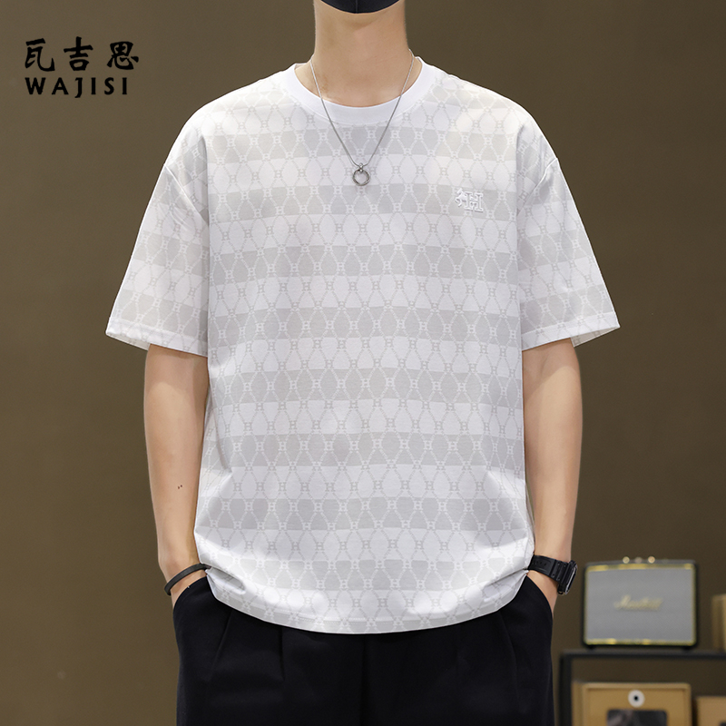 12521406.天丝提花短袖t恤男士夏季新款冰丝潮牌半袖休闲速干上衣男装T