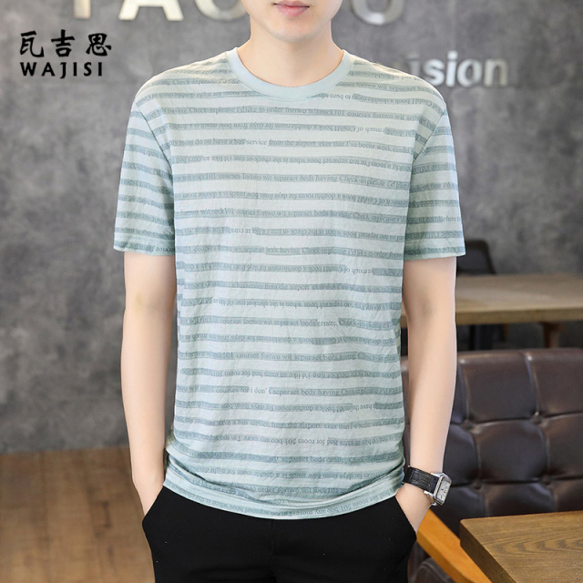 12521375.冰丝麻条纹短袖男夏季时尚圆领T恤时尚印花宽松薄款男装
