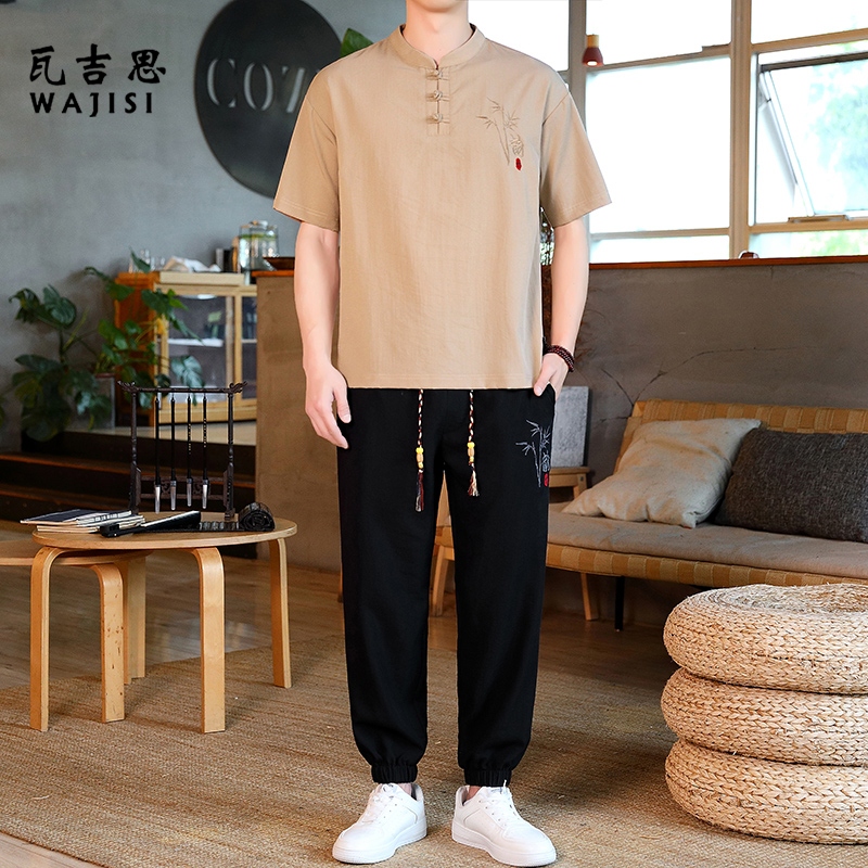 12527455.短袖T恤男士夏季半袖中国风休闲两件套装刺绣薄款舒适新衣服棉麻