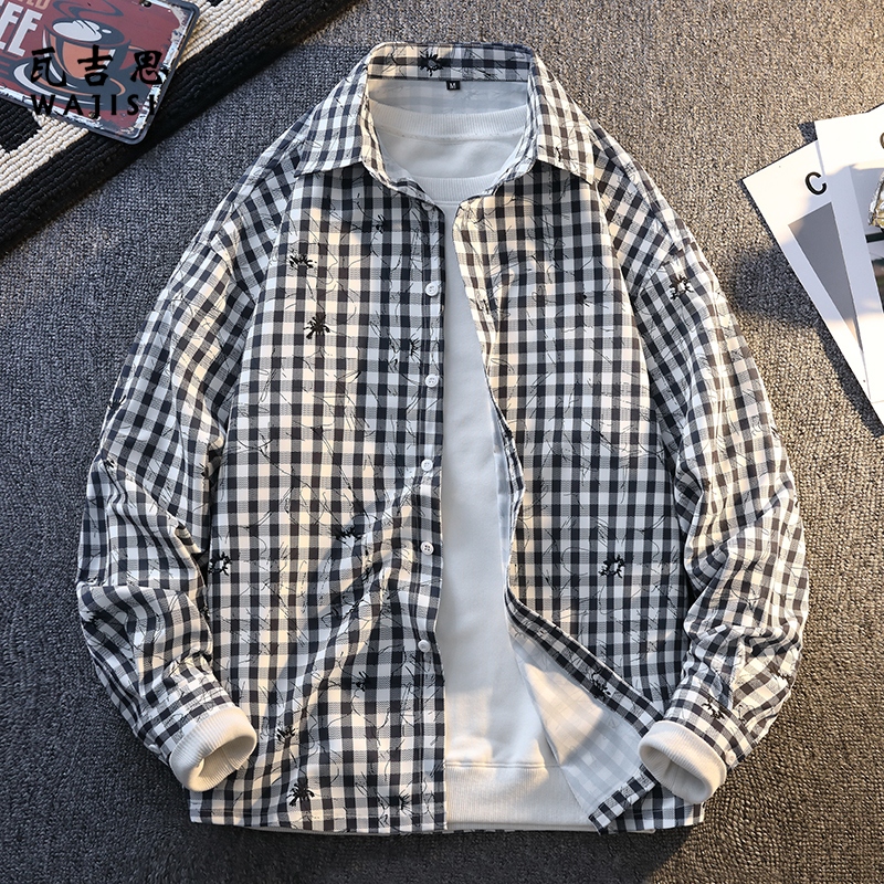 12524744.格子衬衫男长袖春秋款潮流百搭上衣服美式衬衣青少年宽松休闲外套