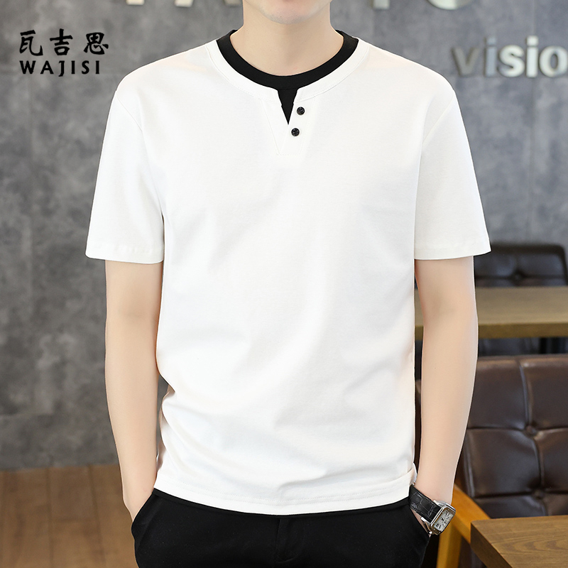 12525180.男士短袖t恤夏季假两件剪刀领T恤休闲百搭宽松简约上衣V领体恤衫