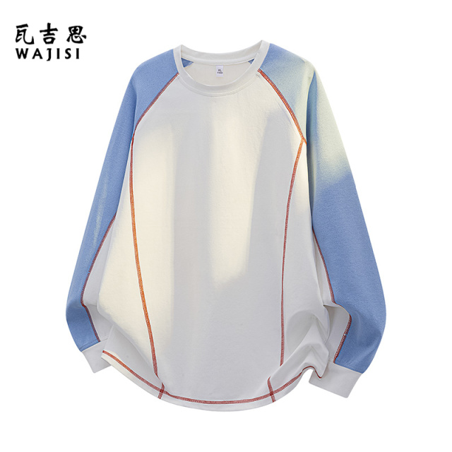 12527173.秋季新款拼接撞色圆领男士长袖T恤潮牌宽松休闲百搭打底长袖上衣