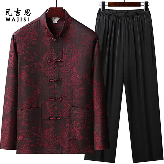 12527886.中老年唐装男薄款冰丝套装中国风老年人长袖老人过寿生日爷爷装