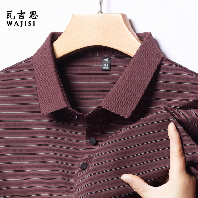 12521759.短袖T恤男士夏季新款冰丝POLO衫中年翻领条纹爸爸装