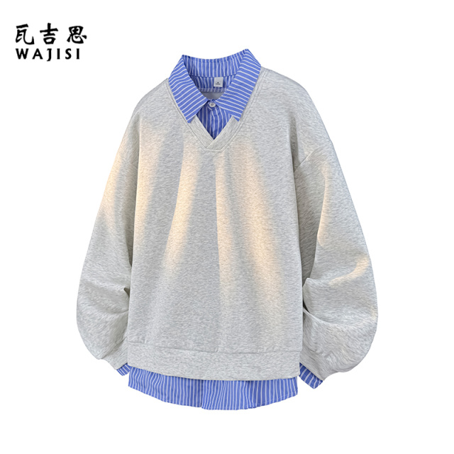 12527250.韩版假两件翻领卫衣男女秋季宽松情侣百搭休闲套头上衣