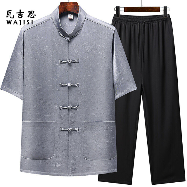 12526791.中老年唐装男夏季爸爸夏装冰丝薄款短袖两件套新中式国风套装