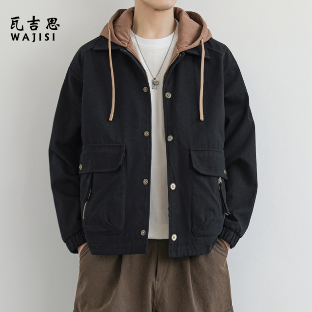 12522873.秋季新款日常休闲百搭外套男士潮流帅气连帽假两件纯棉舒适男士夹克