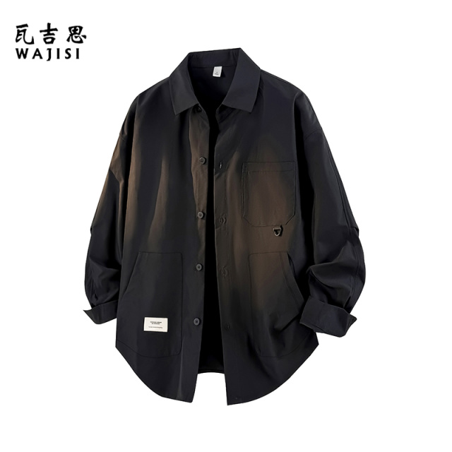 12527316.阔版宽松春秋季新款衬衫帅气男士学院风休闲长袖工装设计感衬衣