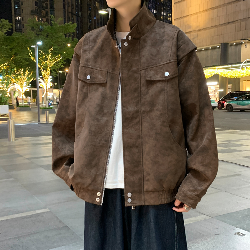12527971.淘贝鼠秋冬新款男款宽松立领扎染复古机车风夹克【淘贝鼠男装QD】