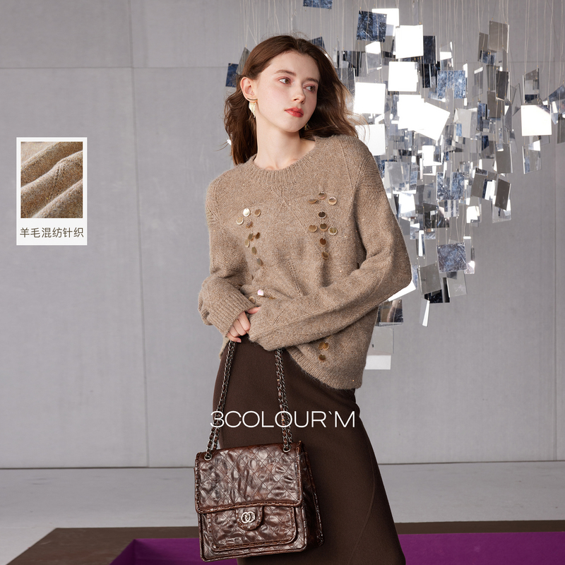12497039.三彩2025冬季新款美拉德亮片针织衫宽松慵懒套头毛衣圆领女